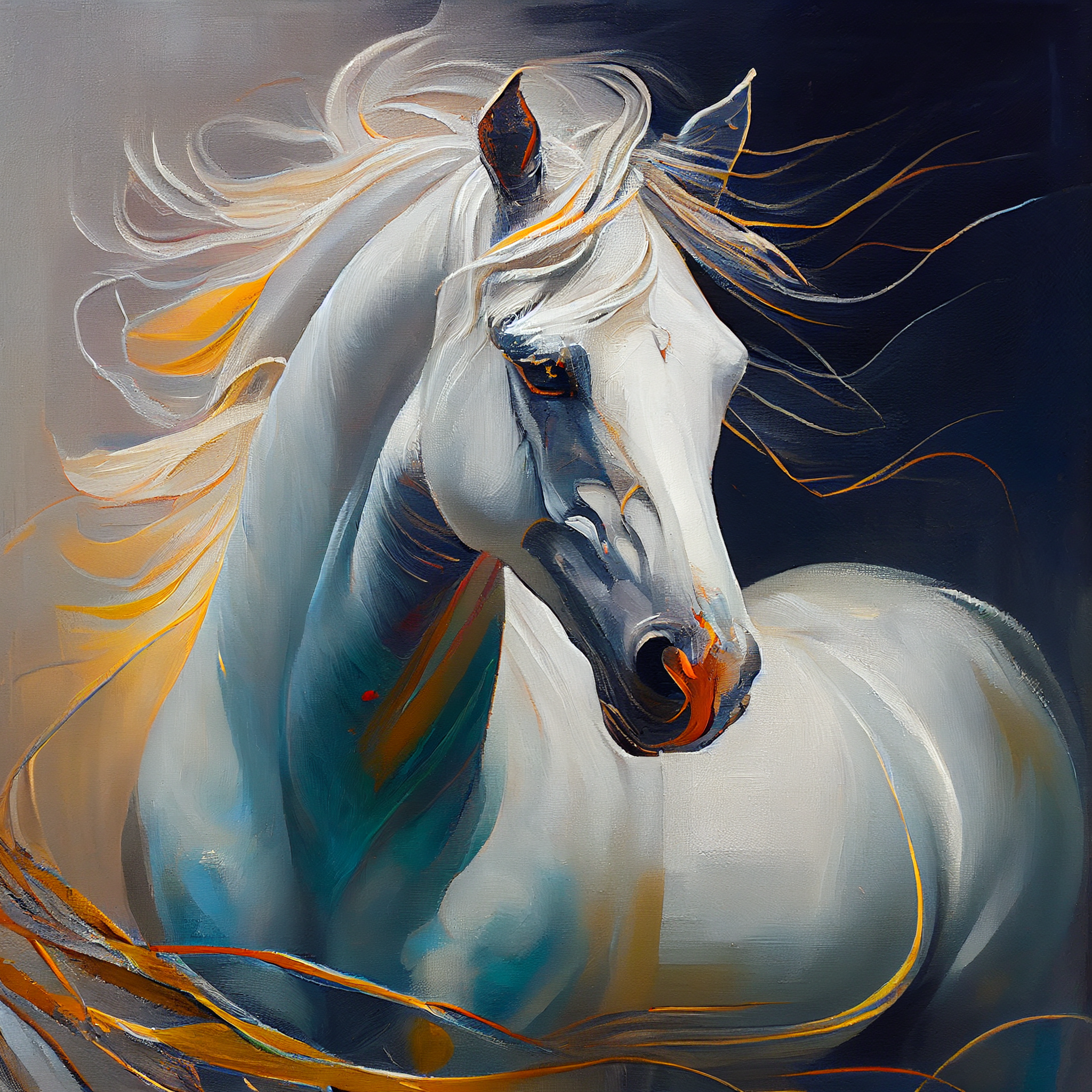 Majestic Beauty: A Stunning White Horse Oil Painting Print