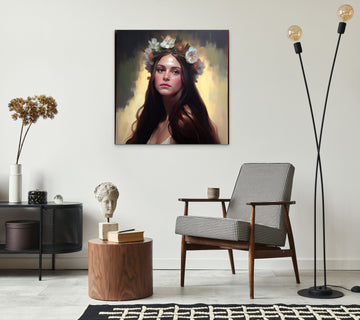 Eternal Fragile Beauty: Acrylic Painting Print of a Melancholic Girl with Flower Tiara