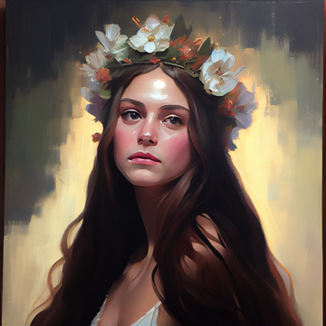 Eternal Fragile Beauty: Acrylic Painting Print of a Melancholic Girl with Flower Tiara