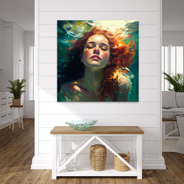 The Captivating Beauty of the Underwater: Aquamarine Life Oil Painting Print with a Wonder Girl Swimming Underwater