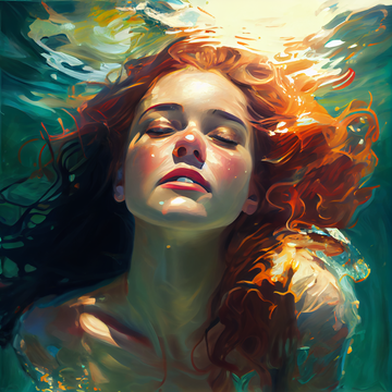 The Captivating Beauty of the Underwater: Aquamarine Life Oil Painting Print with a Wonder Girl Swimming Underwater