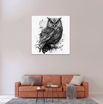 Black & White Digital Sketch of Owl with Zentangle Art for Kids' & Gaming Room Wall Decor