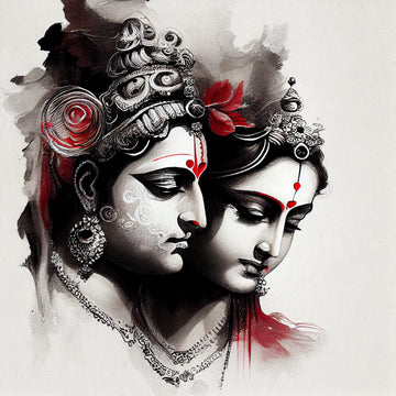 Divine Love in Monochrome: A Black and White Sketch Print of Radha Krishna with Red Bindi on Grey Background