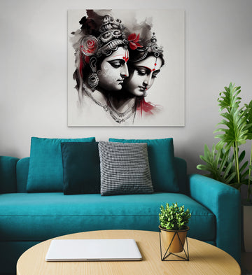 Divine Love in Monochrome: A Black and White Sketch Print of Radha Krishna with Red Bindi on Grey Background