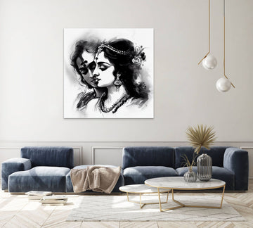 "Divine Romance: Stunning Black and White Sketch Print of Radha Krishna"