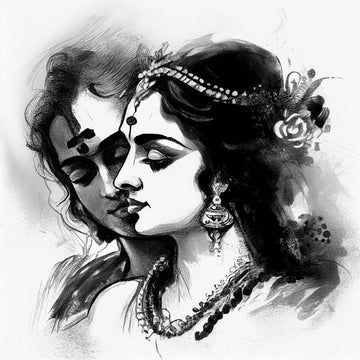 "Divine Romance: Stunning Black and White Sketch Print of Radha Krishna"