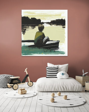 Serene Riverside: Minimalistic Art Print of Boy by the River
