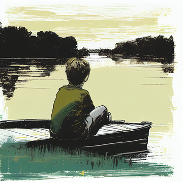 Serene Riverside: Minimalistic Art Print of Boy by the River
