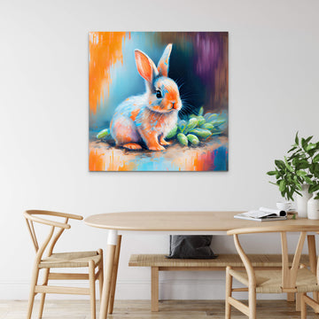 Whimsical Baby Rabbit Holding a Carrot: Vibrant Acrylic Abstract Art