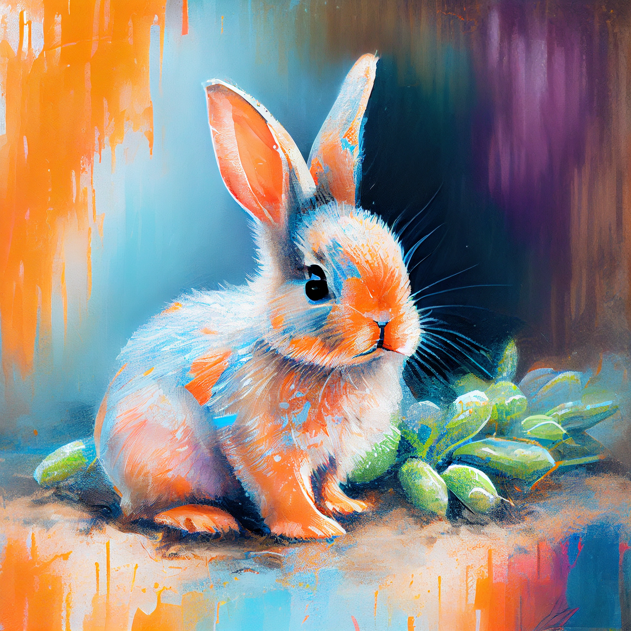 Whimsical Baby Rabbit Holding a Carrot: Vibrant Acrylic Abstract Art