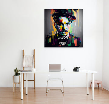 Chaplin's Colorful Persona: A Teakwood Canvas Modern Art Print with Brush Strokes and Vibrant Background