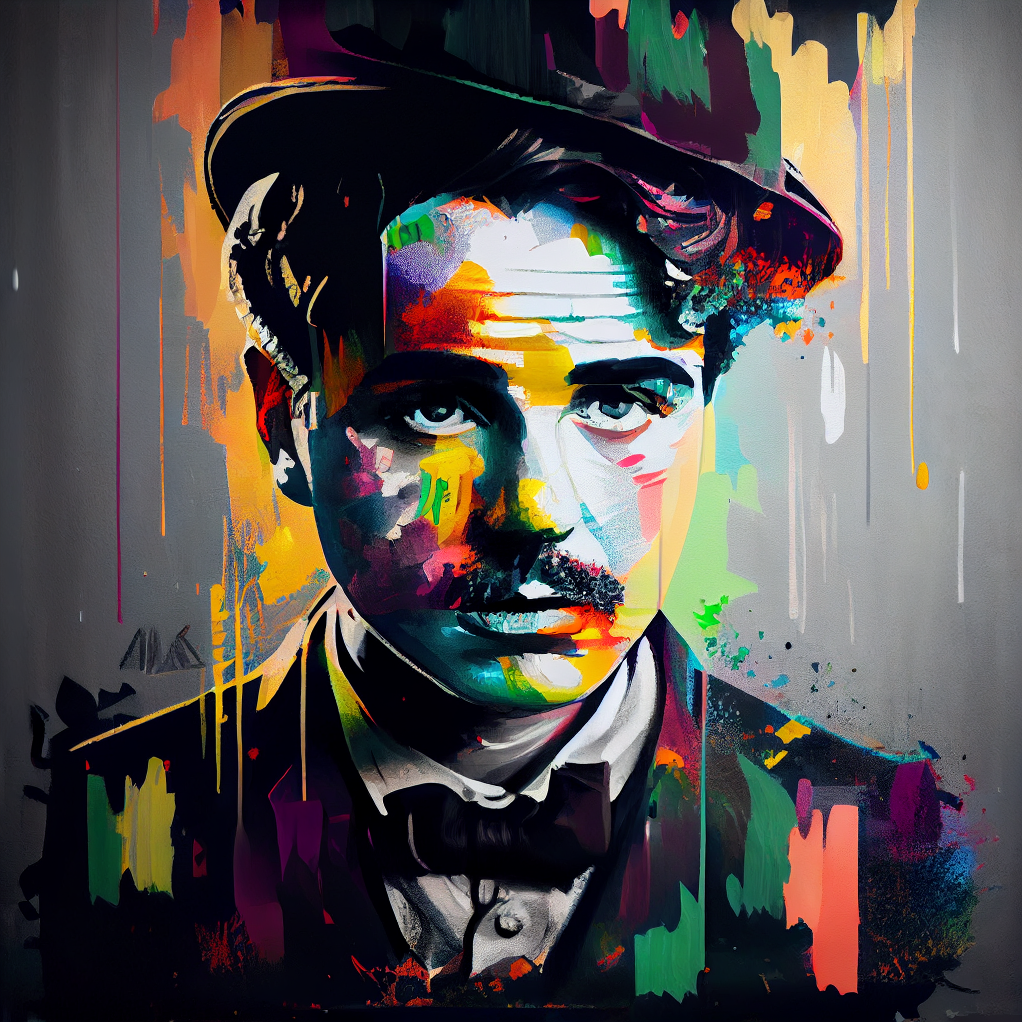 Chaplin's Colorful Persona: A Teakwood Canvas Modern Art Print with Brush Strokes and Vibrant Background