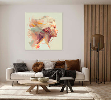 Pastel Portrait: A Modern Art Print of a Beautiful Woman's Side Profile with Flowing Hair in Soft, Delicate Colors
