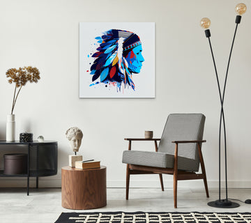 Blue American Tribal Man Painting Print in Abstract Style, Perfect for Living Room & Office