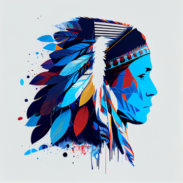 Blue American Tribal Man Painting Print in Abstract Style, Perfect for Living Room & Office