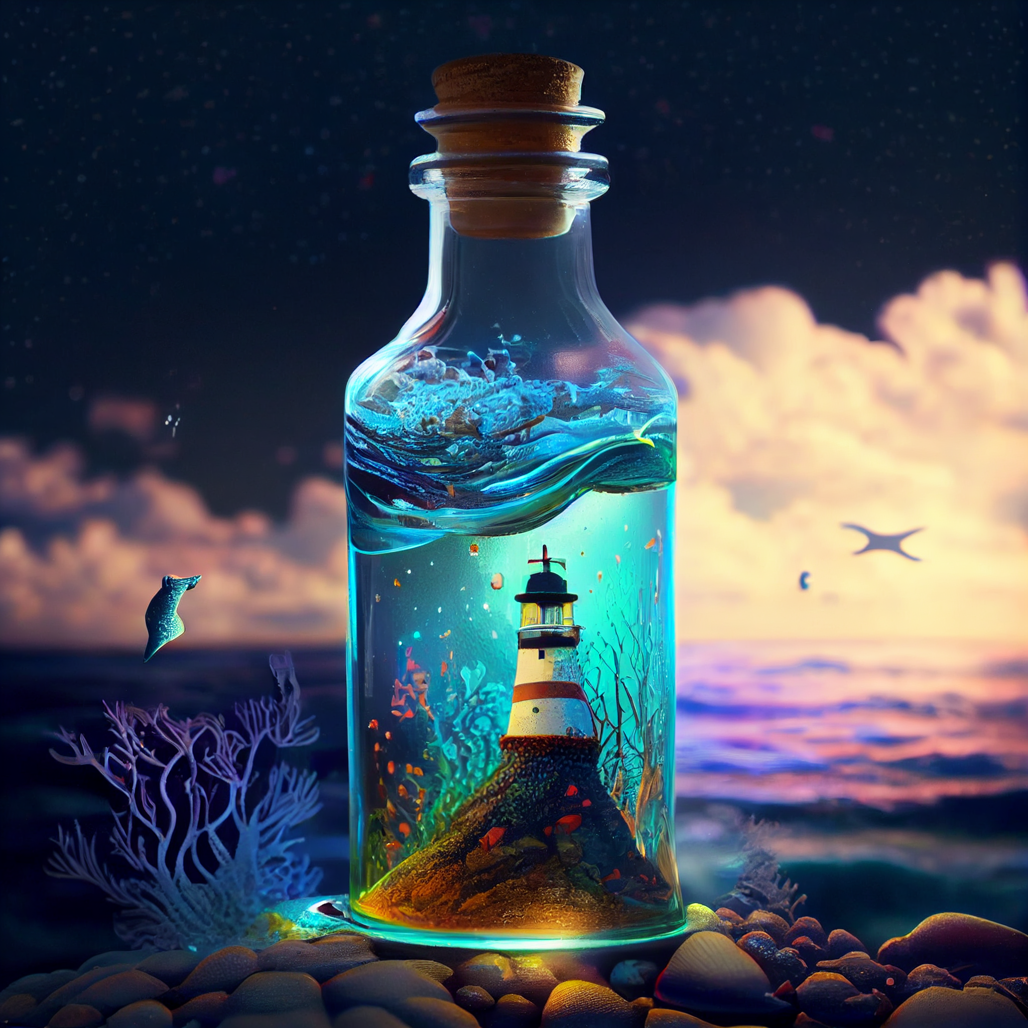 "Sea Life with a Light House Inside a Glass Bottle Print"