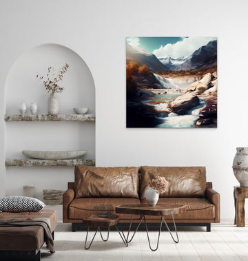 Mountain Oasis: A Scenery Print of Fresh White Transparent Waterfall Flowing Through the Mountains
