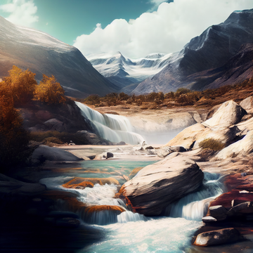 Mountain Oasis: A Scenery Print of Fresh White Transparent Waterfall Flowing Through the Mountains