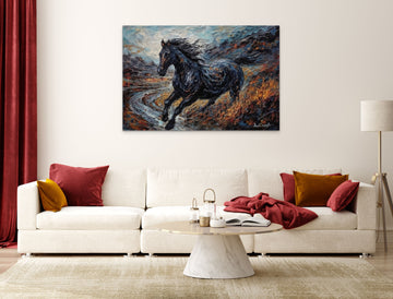 Capture the Beauty of a Black Horse in Flight Through Drone Photography, in a Magical Realism Masterpiece Abstract Acrylic Color Knife Art Print