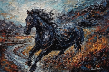 Capture the Beauty of a Black Horse in Flight Through Drone Photography, in a Magical Realism Masterpiece Abstract Acrylic Color Knife Art Print