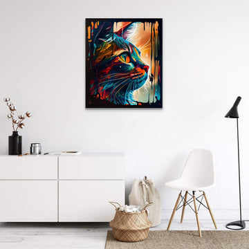 Abstract Art Painting Print of Cat Looking Out of the Window for Kids & Gaming Room Wall Decor