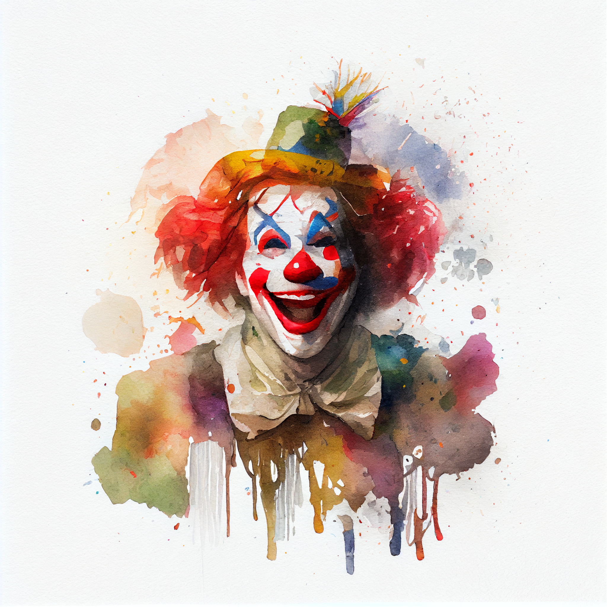 Joyful Brushstrokes: A Watercolor Art Print of a Happy Clown on White Background