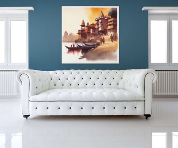 "Ganga Serenity: Watercolor Painting Print of Banaras Riverside Scenery"