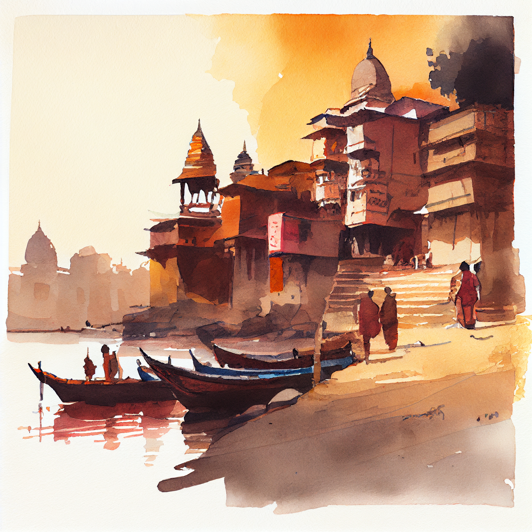 "Ganga Serenity: Watercolor Painting Print of Banaras Riverside Scenery"