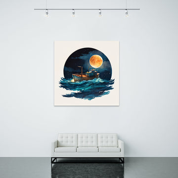 A Serene Voyage: Watercolor Print of a Wooden Boat Gliding Through the Aquarius Blue Sea Under the Full Moon