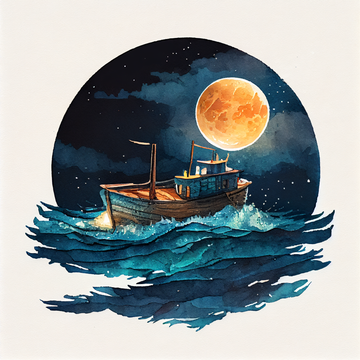 A Serene Voyage: Watercolor Print of a Wooden Boat Gliding Through the Aquarius Blue Sea Under the Full Moon