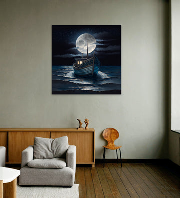 A Serene Sailing: A Stunning Watercolor Painting Print of a Wooden Boat under the Full Moon