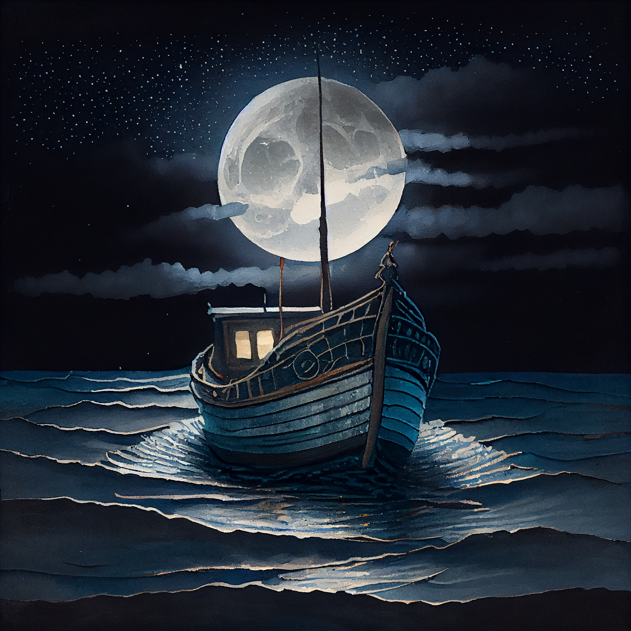 A Serene Sailing: A Stunning Watercolor Painting Print of a Wooden Boat under the Full Moon