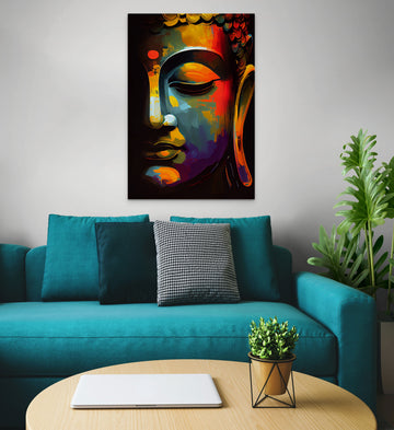 Enlightened Spectrum: A Vibrant Half-Faced Buddha in Abstract Acrylic Painting Print on Black Canvas