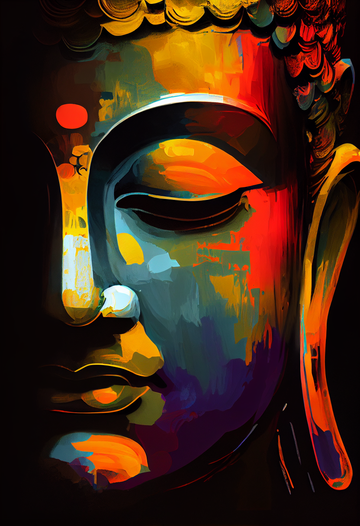 Enlightened Spectrum: A Vibrant Half-Faced Buddha in Abstract Acrylic Painting Print on Black Canvas