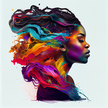 Rainbow Dreams: An Abstract Art Print of a Black African Girl with Open Rainbow-Colored Hair in a Dreamlike State