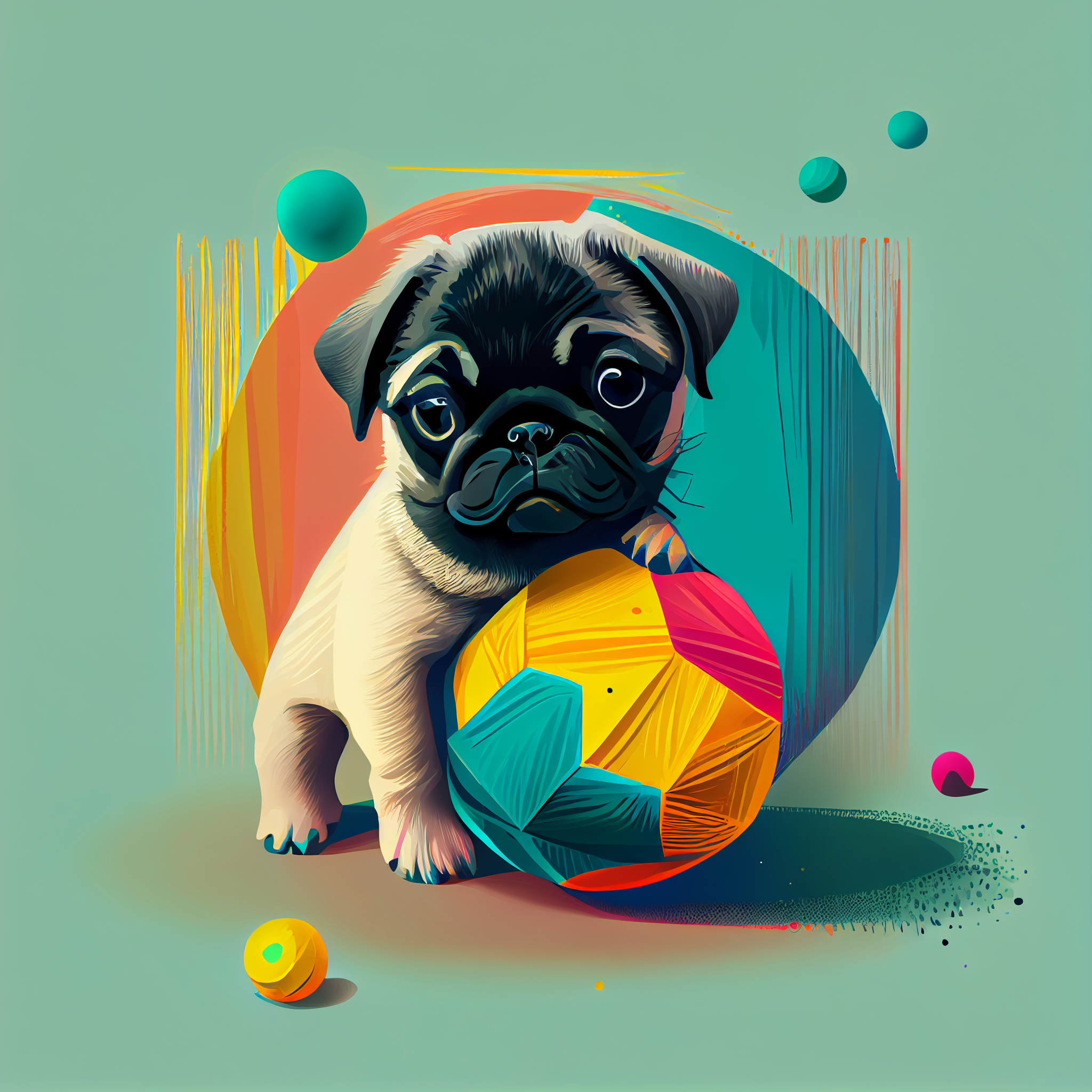 Playful Pug: Abstract Art Print of an Adorable Puppy with Ball