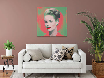 Brushed Beauty: A Vibrant Abstract Art Print of a Lady in Pink and Green with Red Lips and a Bun