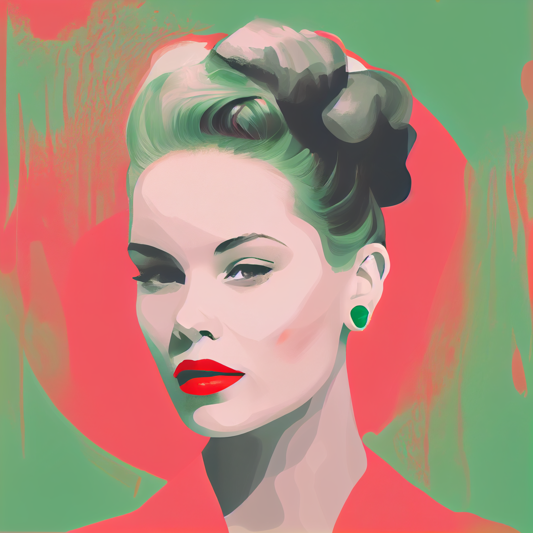 Brushed Beauty: A Vibrant Abstract Art Print of a Lady in Pink and Green with Red Lips and a Bun