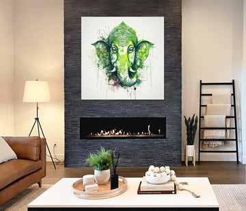 Vibrant Tranquility: A Neon Green Abstract Print of Lord Ganesha on White Background