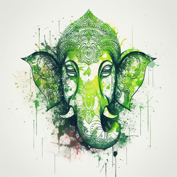 Vibrant Tranquility: A Neon Green Abstract Print of Lord Ganesha on White Background
