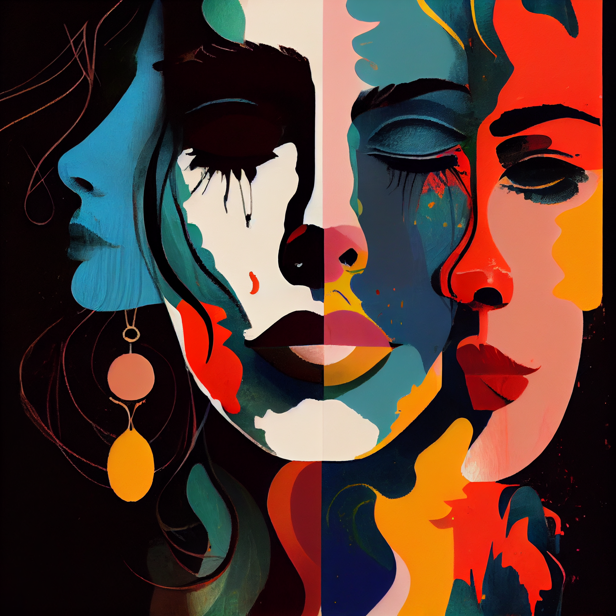 Feminine Fusion: A Vibrant Abstract Acrylic Color Print of Women's Faces