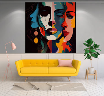 Feminine Fusion: A Vibrant Abstract Acrylic Color Print of Women's Faces