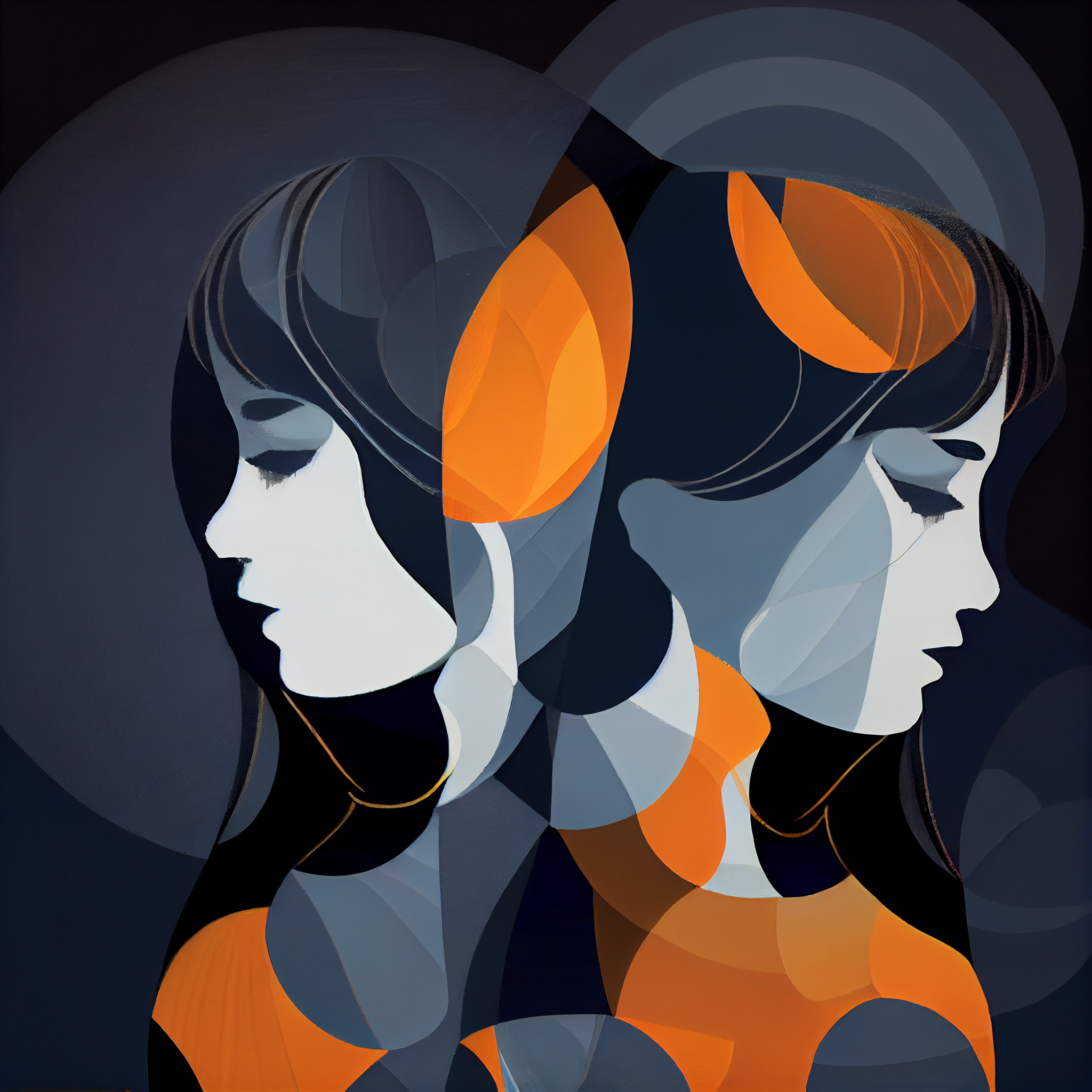 Contrasting Emotions: Black and Orange Abstract Art Print of Two Women