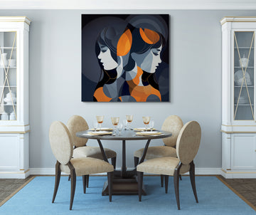 Contrasting Emotions: Black and Orange Abstract Art Print of Two Women