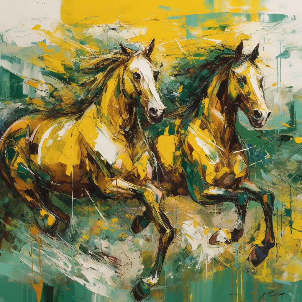 Dynamic Duet: A Vibrant Abstract Expressionist Acrylic Color Print of Two Horses Racing in Yellow and Sage Green Hues