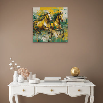 Dynamic Duet: A Vibrant Abstract Expressionist Acrylic Color Print of Two Horses Racing in Yellow and Sage Green Hues