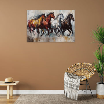 A Stunning Dynamic Acrylic Color Print of Four Majestic Horses in Maroon, Mustard, Grey, Black, and White