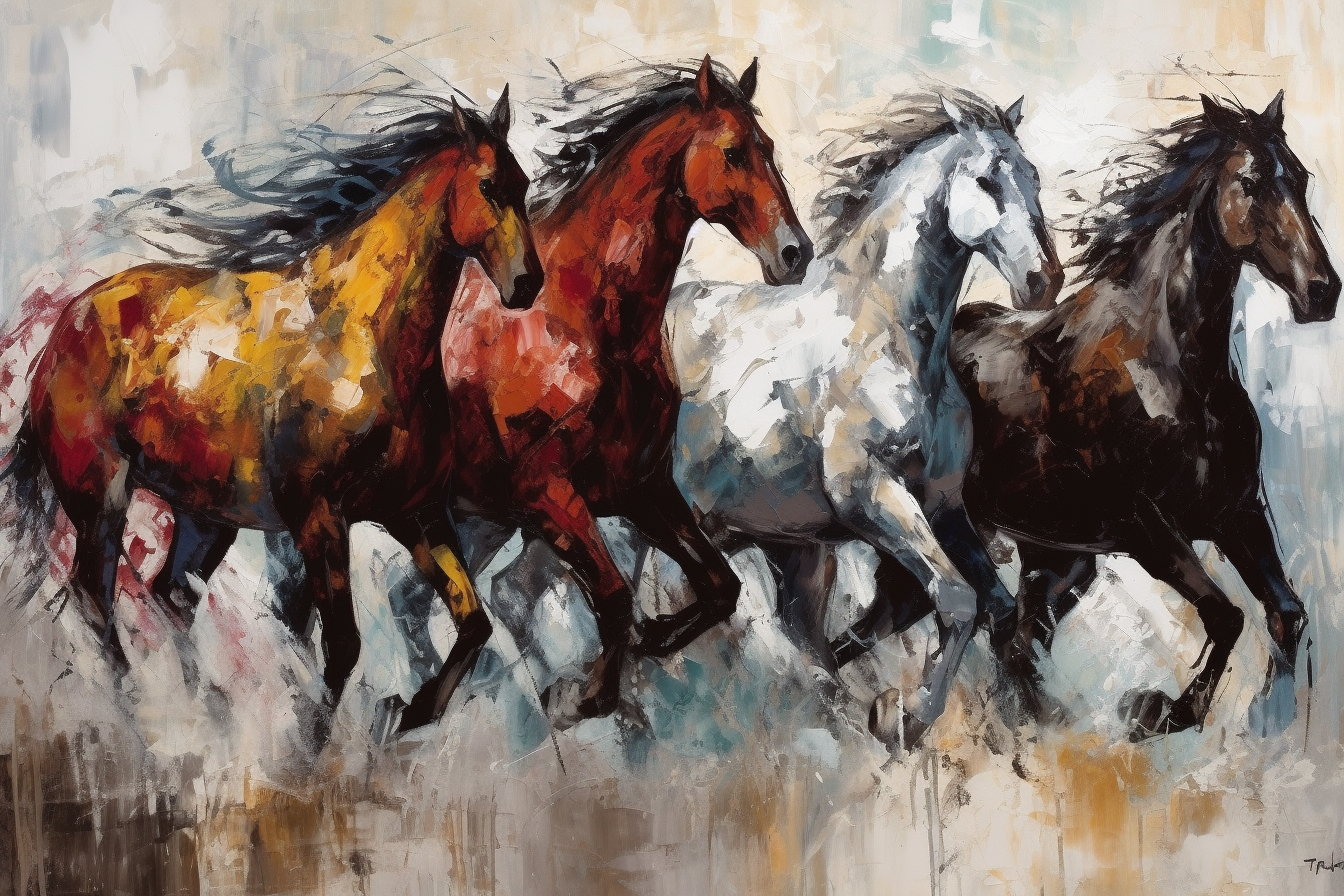 A Stunning Dynamic Acrylic Color Print of Four Majestic Horses in Maroon, Mustard, Grey, Black, and White