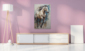 A Beautiful Acrylic Color Print of a Blue and White Running Horse in Abstract Expressionism Style