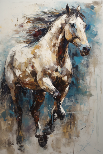 A Beautiful Acrylic Color Print of a Blue and White Running Horse in Abstract Expressionism Style